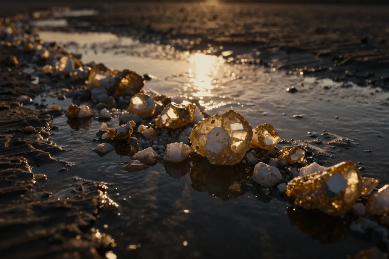 Marais salants de Guérande au coucher du soleil, sel récolté à la main