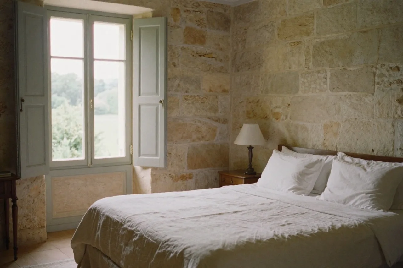 Chambre d'hôte raffinée au Clos des Salines, lit en lin et murs de pierre