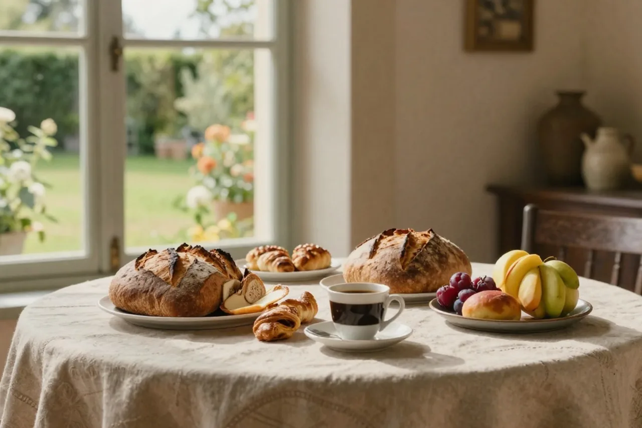Petit-déjeuner dressé sur une nappe de lin, vue sur le jardin