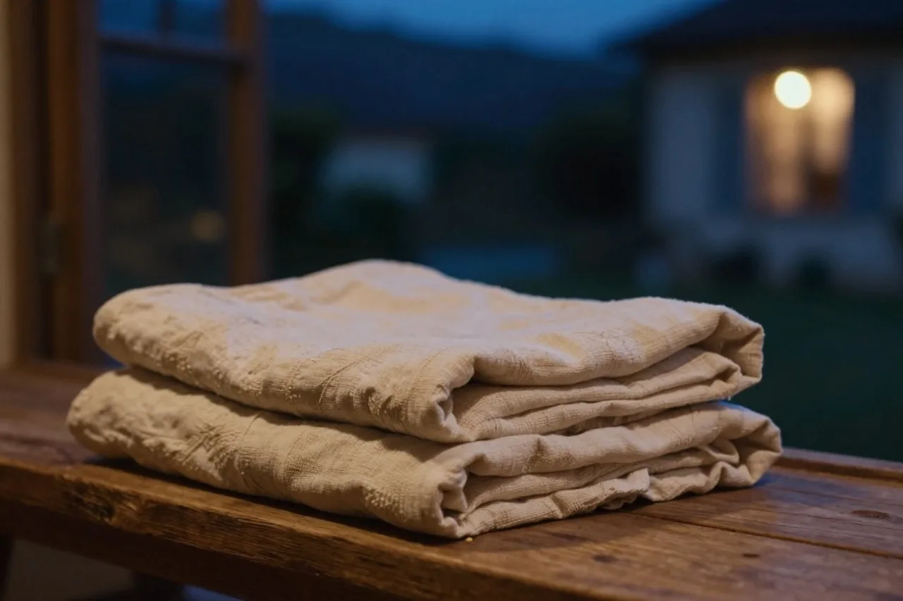 Linge plié sur un banc de bois, détail d'intérieur